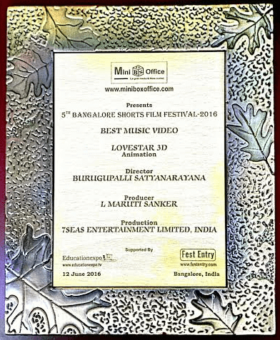 LoveStar 3D has Bagged Award in 5th Bangalore Shorts Film Festival 2016